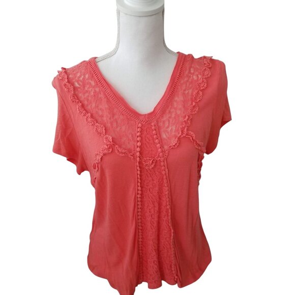Cato Womens Coral Lace Accent V-Neck Short Sleeve Top Size L - Picture 1 of 4